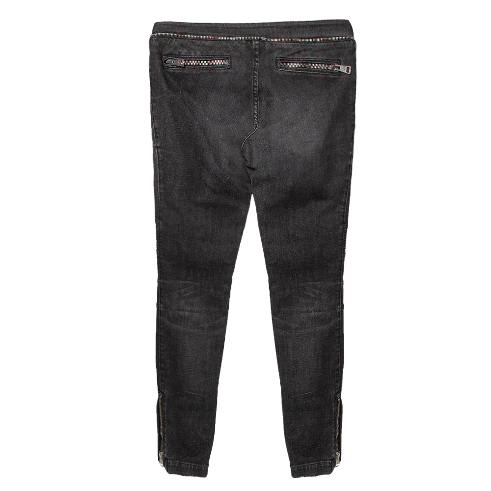 

Gucci Dark Grey Faded Effect Denim Distressed Zip Detail Skinny Biker Jeans