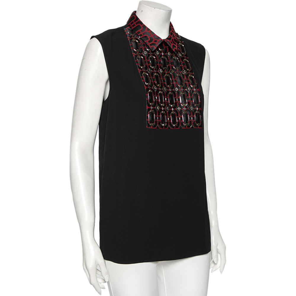 

Gucci Black Crepe & Embellished Wool Paneled Sleeveless Top