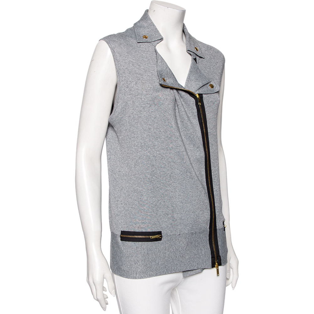 

Gucci Grey Cashmere Knit Zip Front Sleeveless Jacket