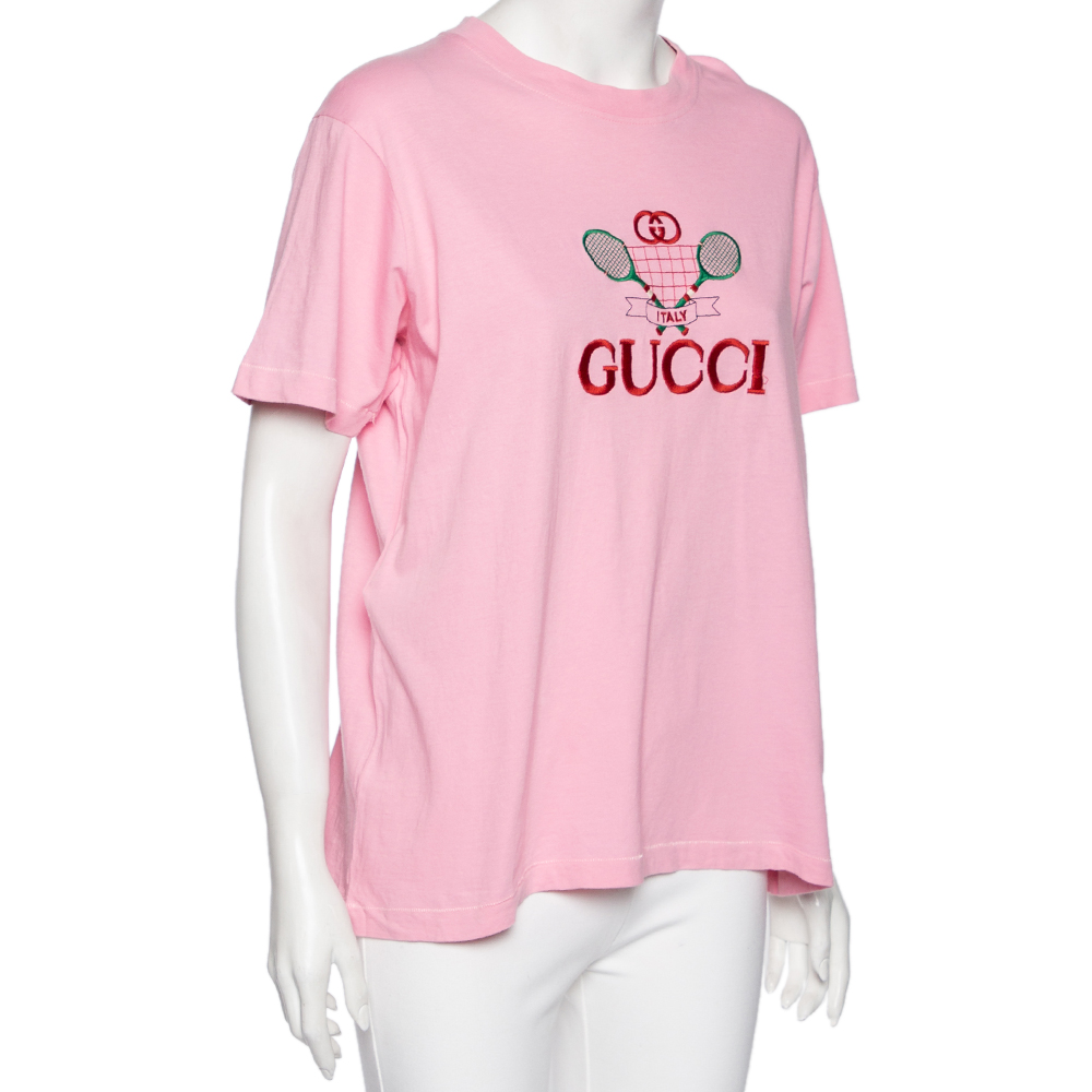 

Gucci Pink Cotton Tennis Logo Embroidered Crewneck T-Shirt