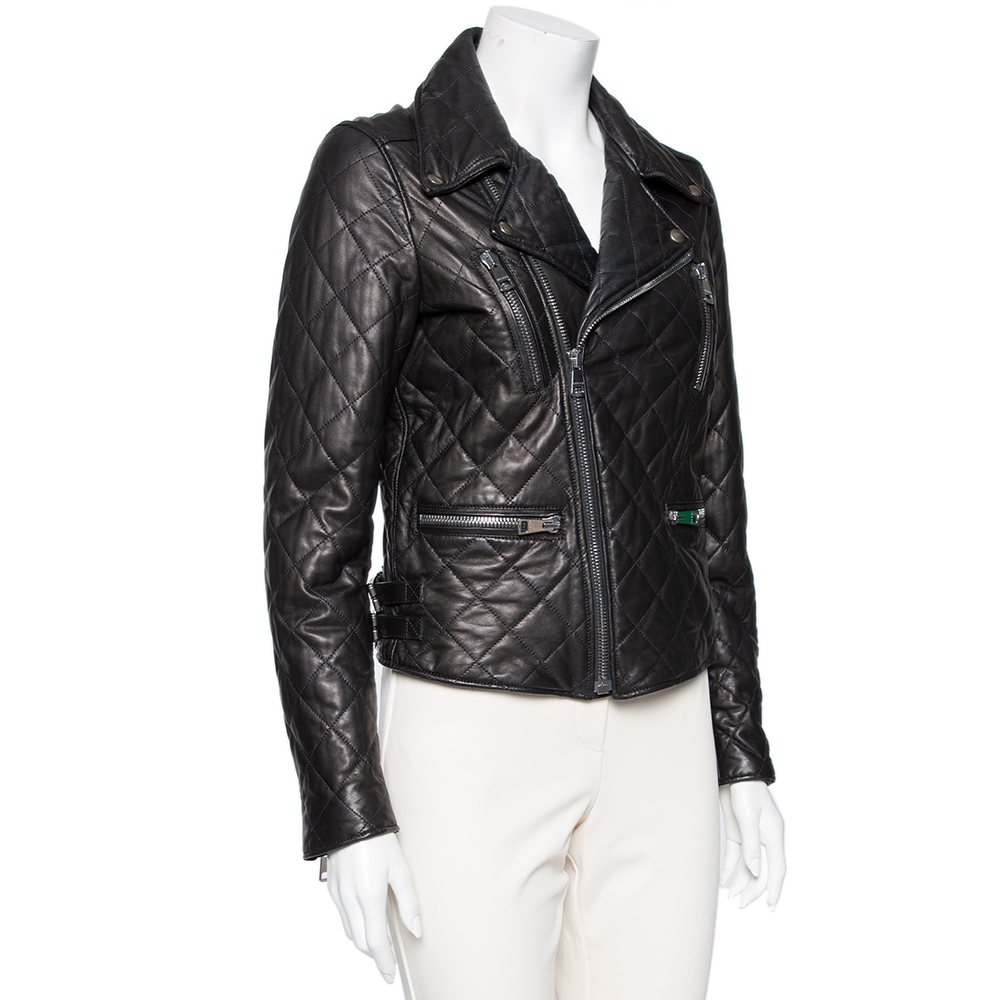 

Gucci Black Leather Logo Embellished Zip Front Biker Jacket