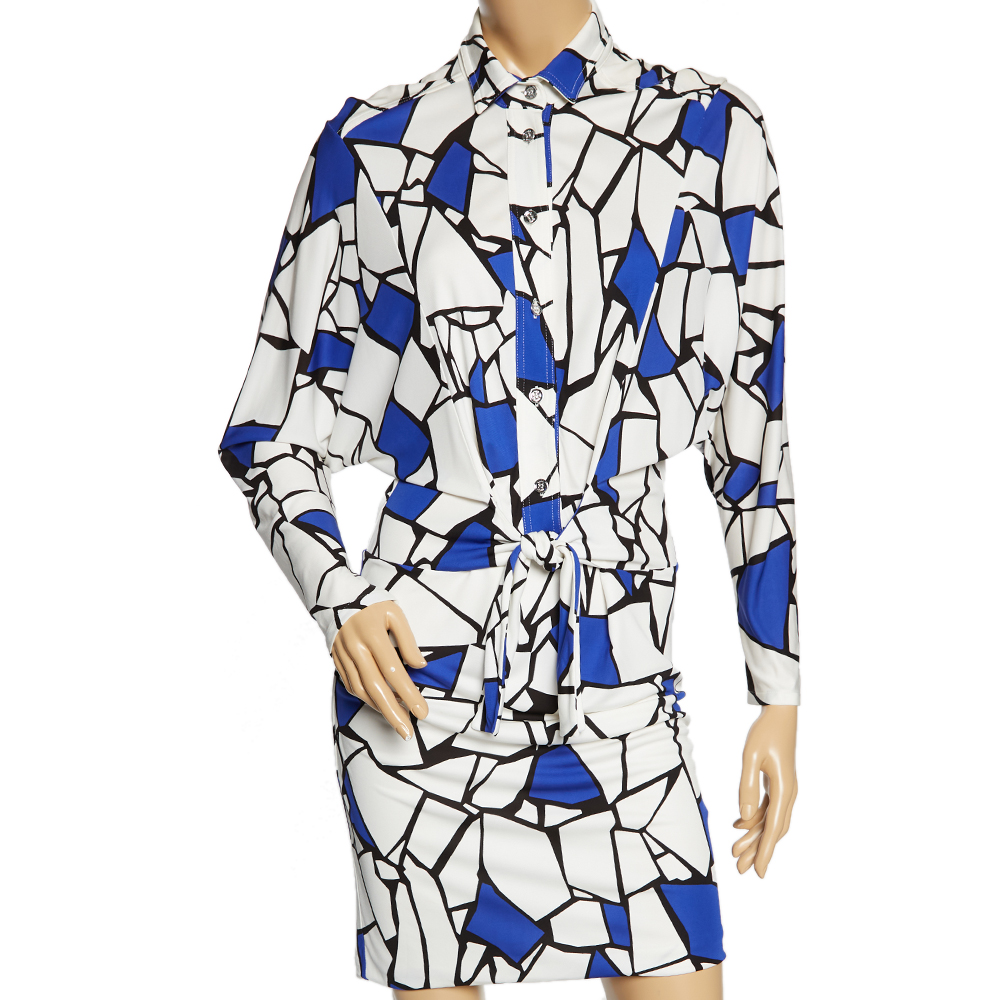 

Gucci White & Blue Printed Jersey Front Tie Detail Draped Dress, Multicolor