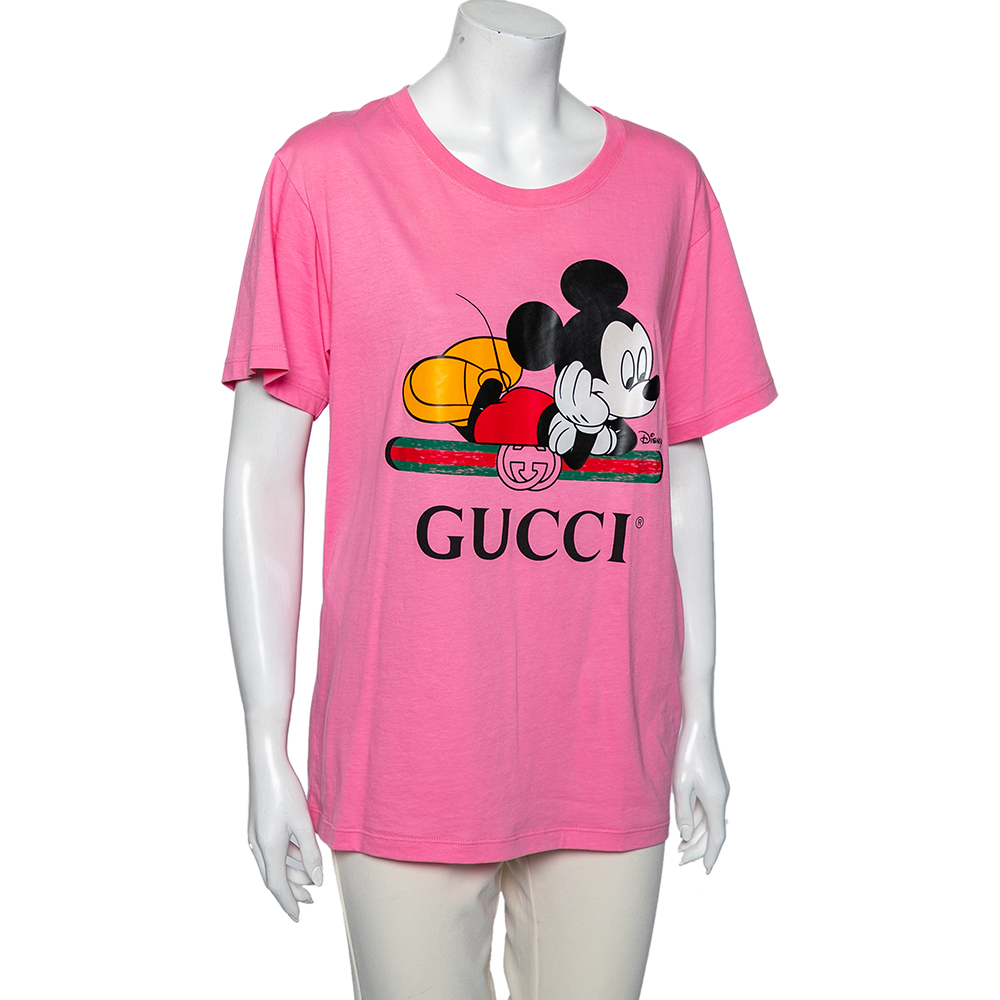 

Gucci X Disney Pink Logo Printed Cotton Crewneck T-Shirt