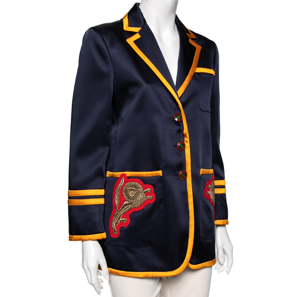 

Gucci Navy Blue & Yellow Trimmed Satin Embroidered Long Sleeves Jacket, Black