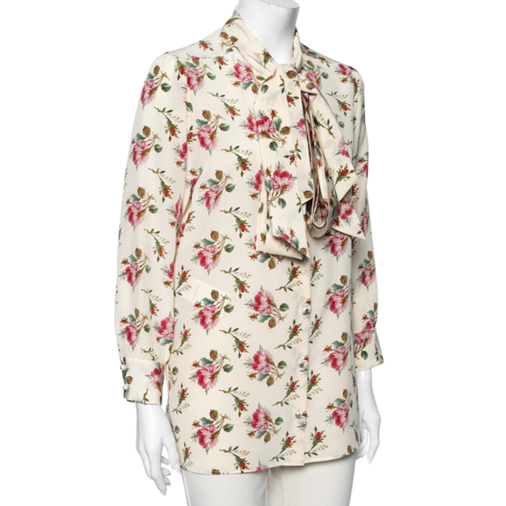 

Gucci Cream Rose Printed Silk Neck Tie Detail Button Front Shirt