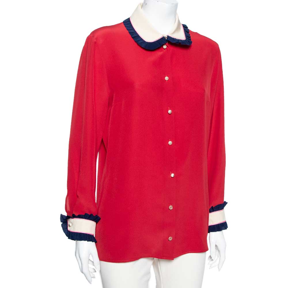 

Gucci Red Silk Ruffle Contrast Trim Shirt