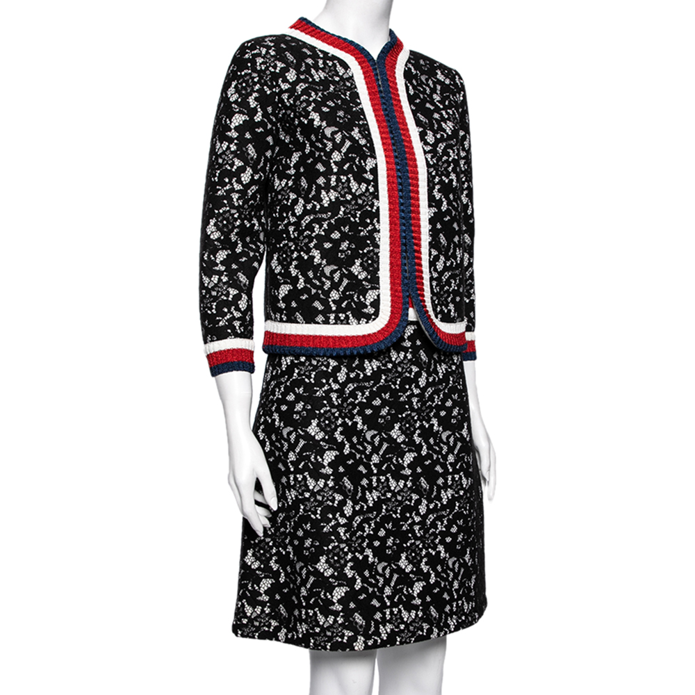 

Gucci Black Lace Web Stripe Trimmed Scuba Sartorial Jacket & Skirt Set /M