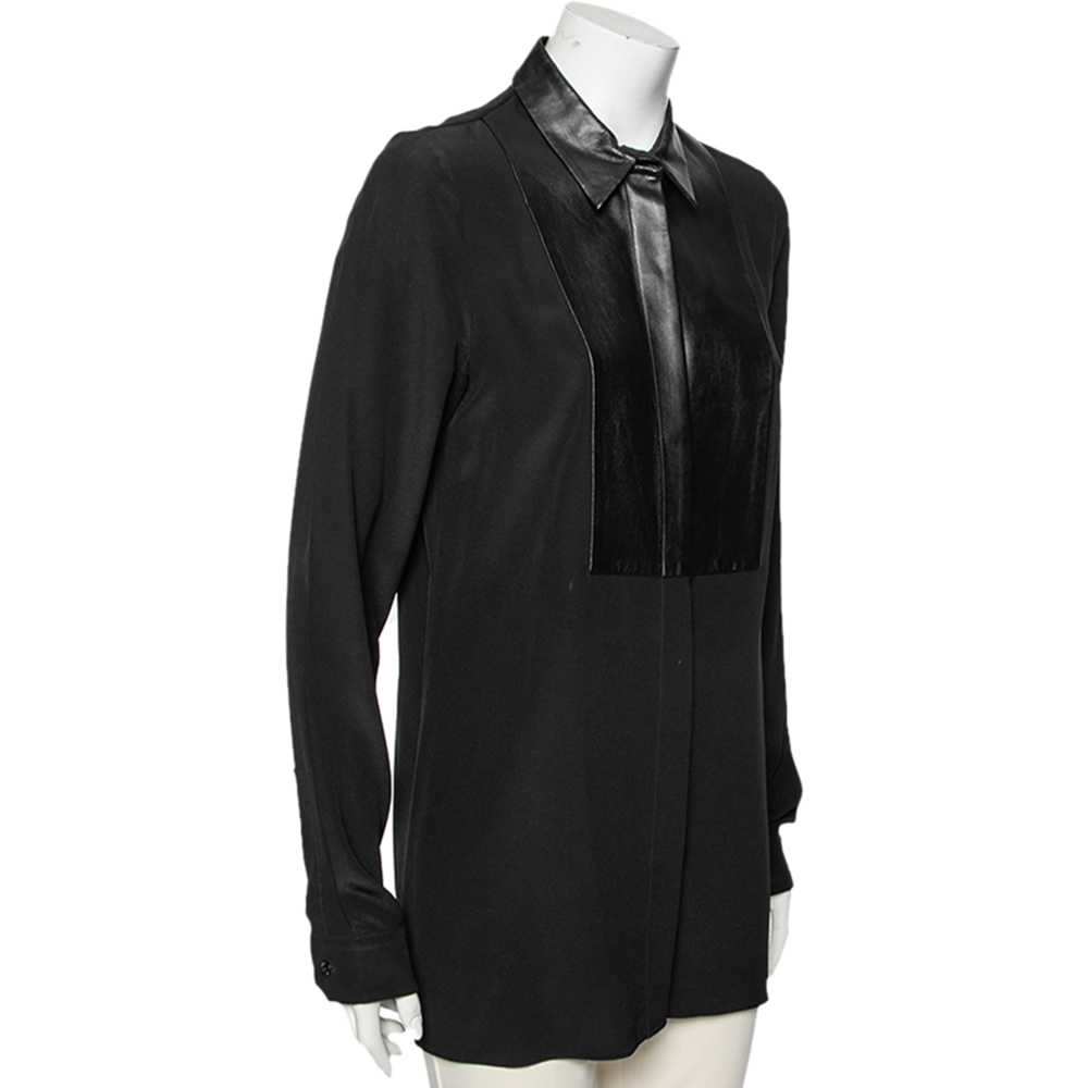 

Gucci Black Silk & Leather Paneled Button Front Shirt