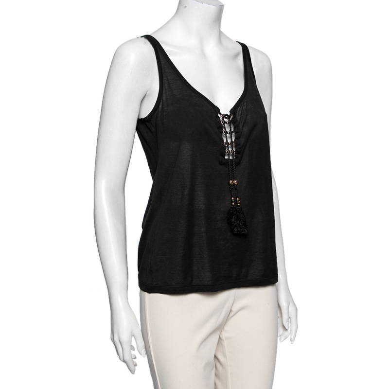 

Gucci Black Cotton Lace-Up Tassel Detailed Tank Top