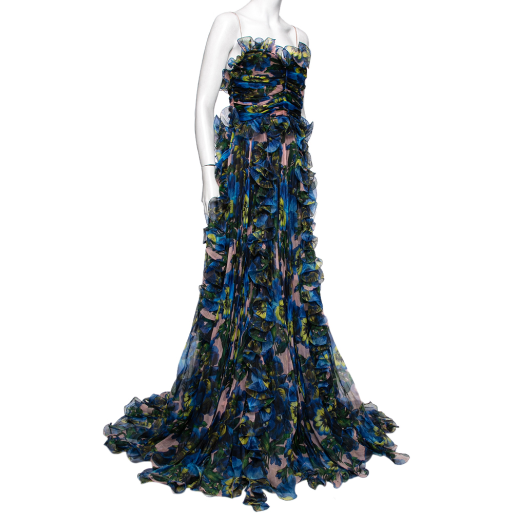 

Gucci Blue Violet Printed Silk Organza Ruffle Trimmed Plisse Maxi Dress