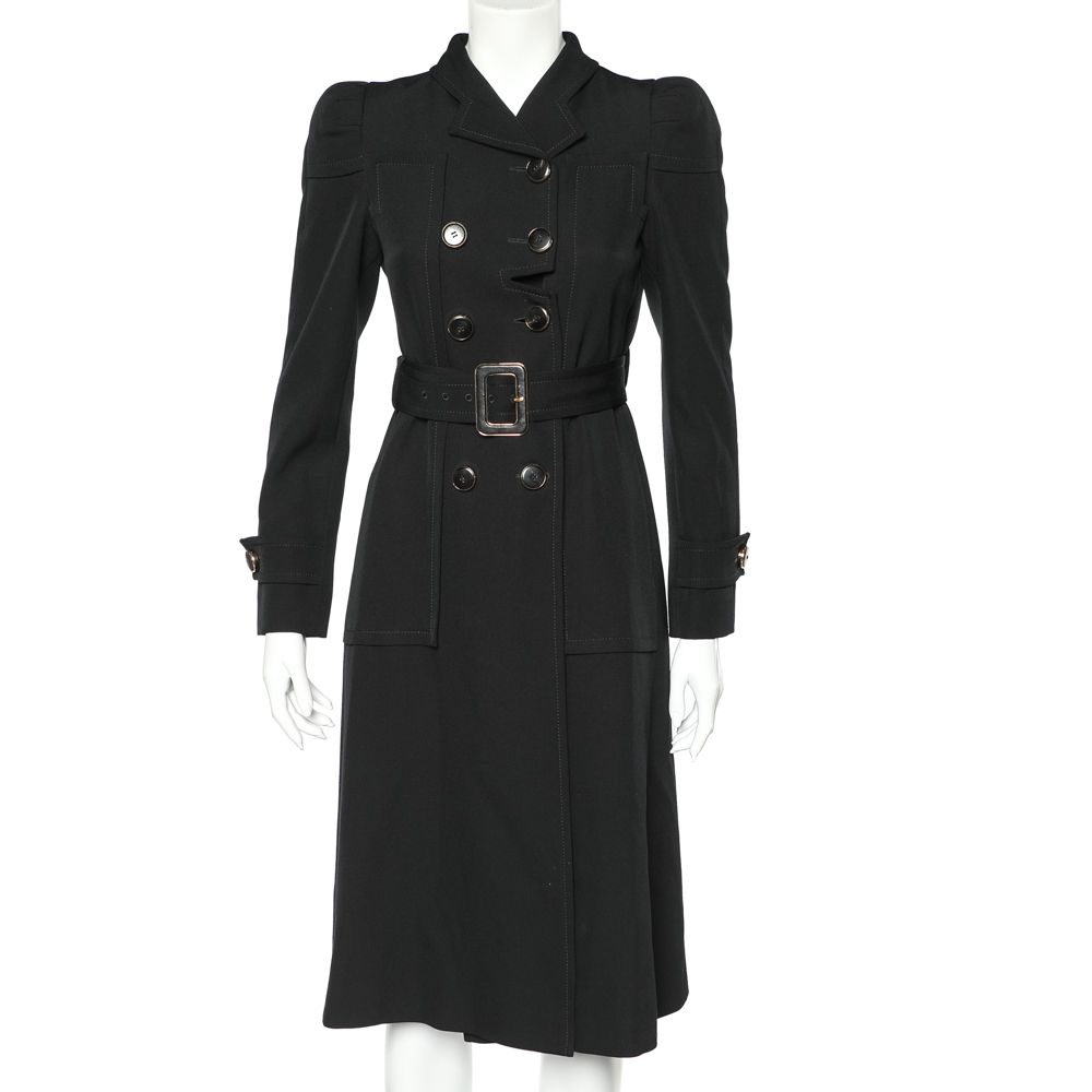 

Gucci Black Wool Crepe fur Collar Detail Belted trench Coat