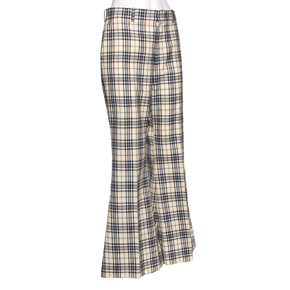 

Gucci Beige/Blue Check Print Tweed Flared Trousers