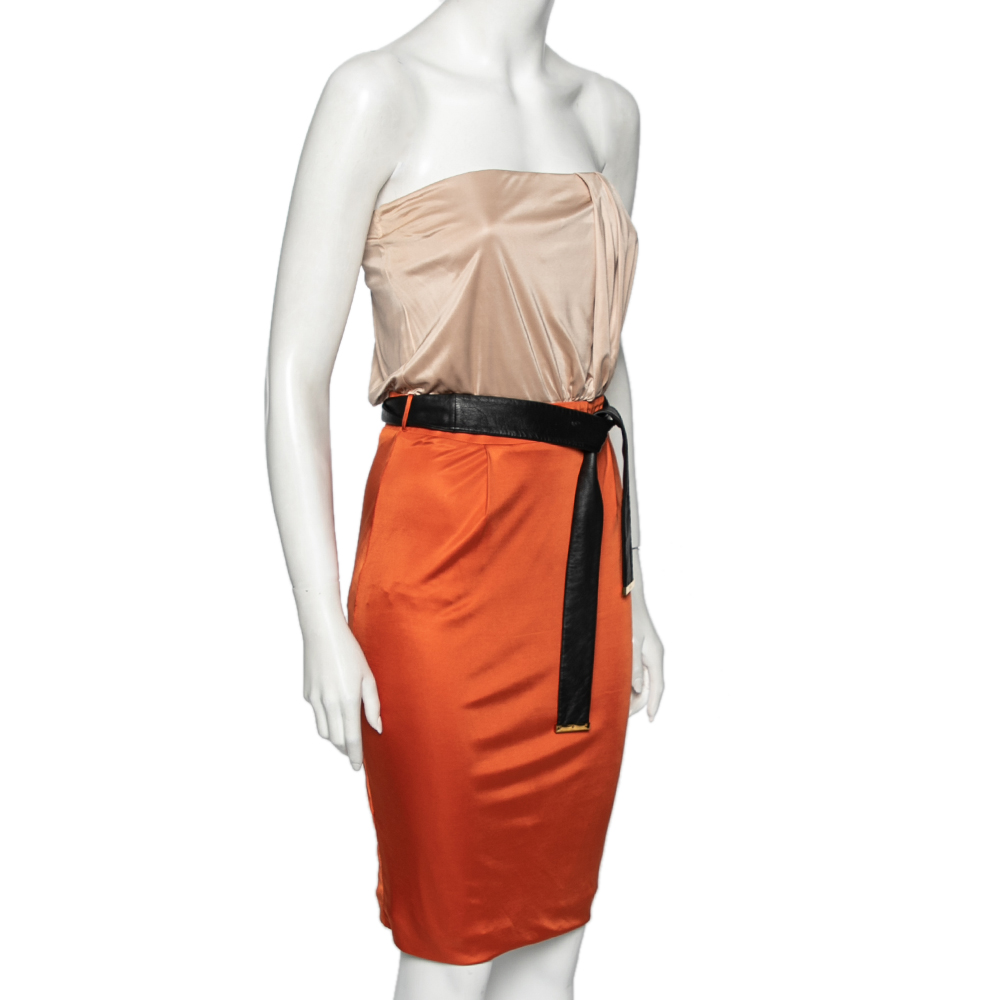 

Gucci Orange and Beige Colorblock Silk Pleated Belted Dress, Multicolor