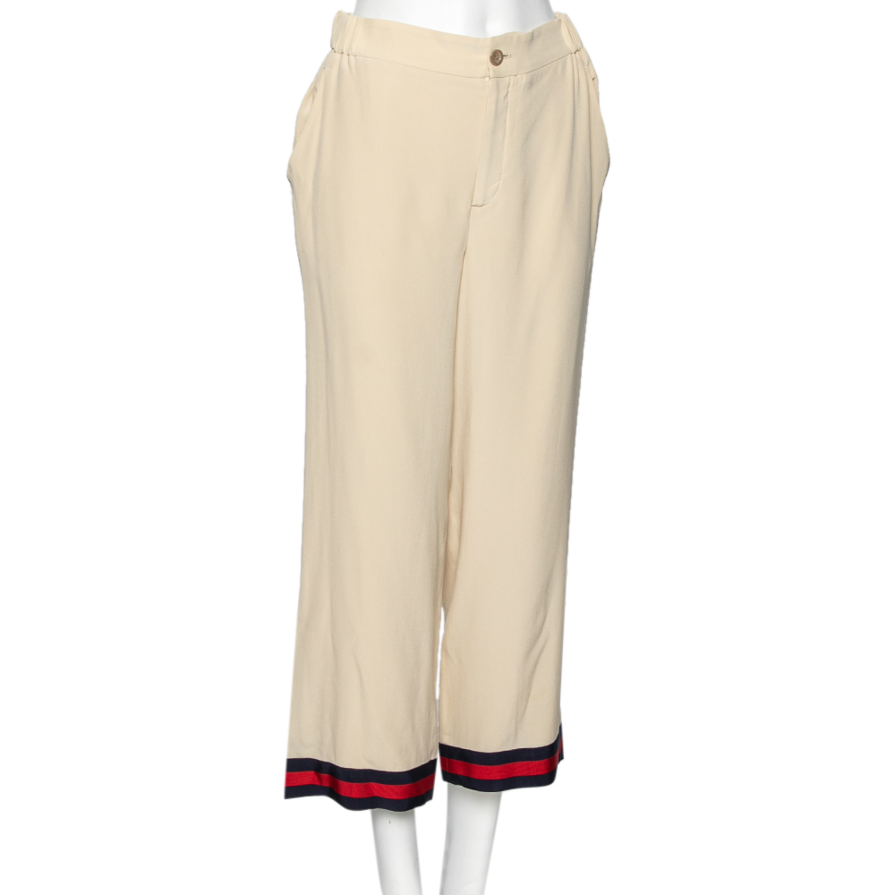 

Gucci Light Beige Silk Web Stripe Trimmed Wide Leg Pants