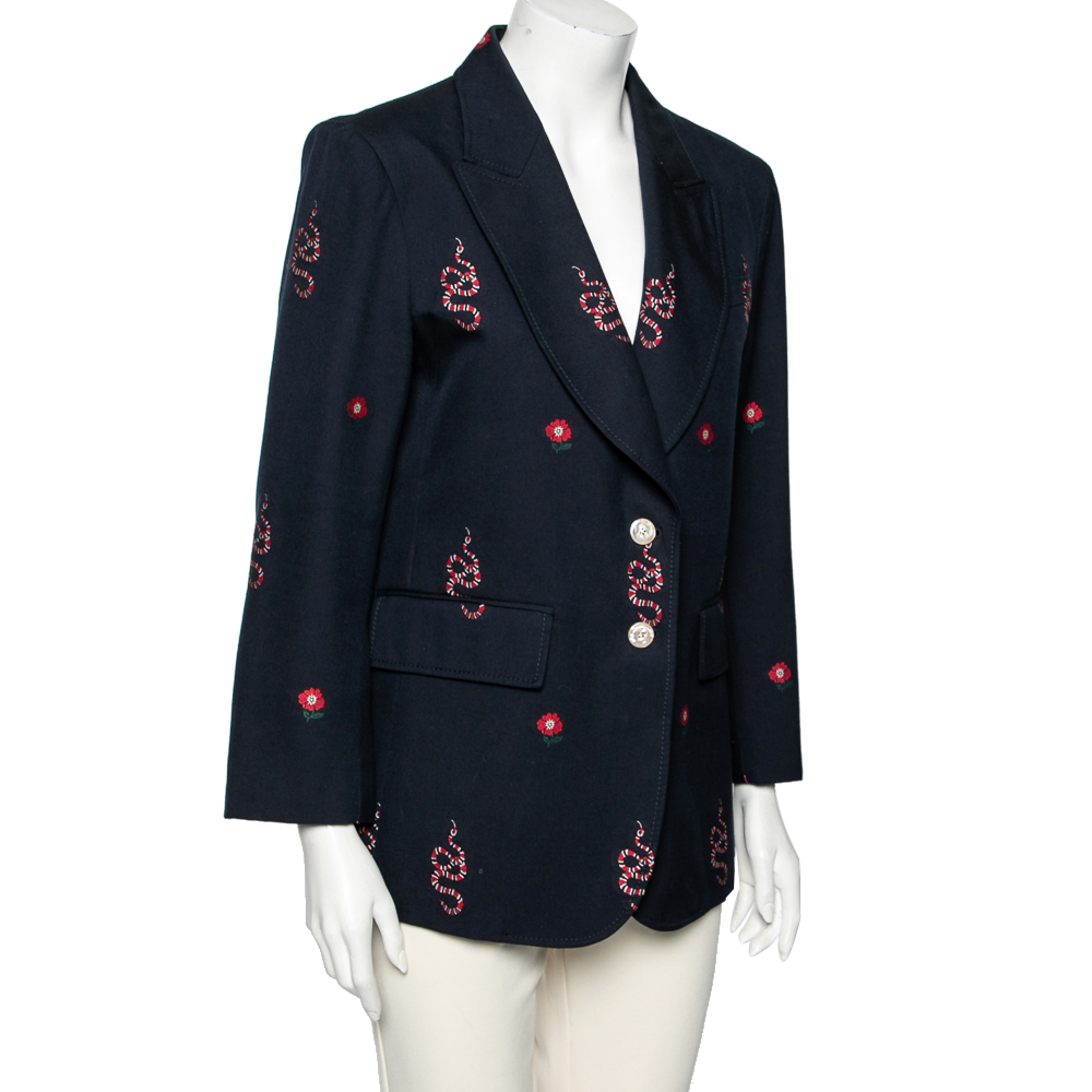 

Gucci Navy Blue Snake & Floral Embroidered Wool Single Breasted Blazer