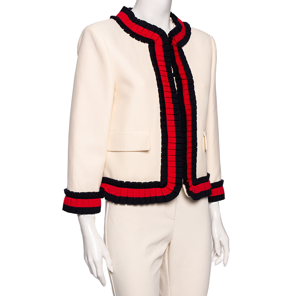 

Gucci Cream Silk and Cotton Blend Cropped Web Trim Jacket