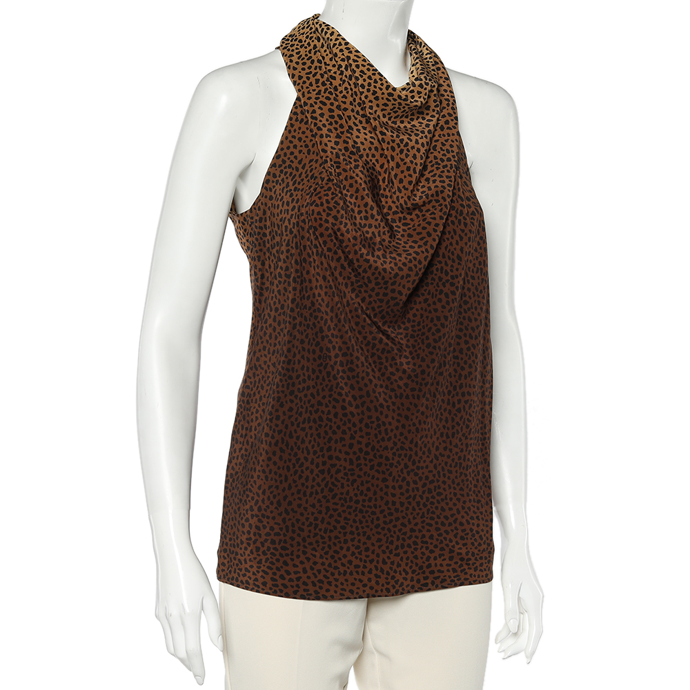 

Gucci Brown Animal Printed Silk Draped Sleeveless Top