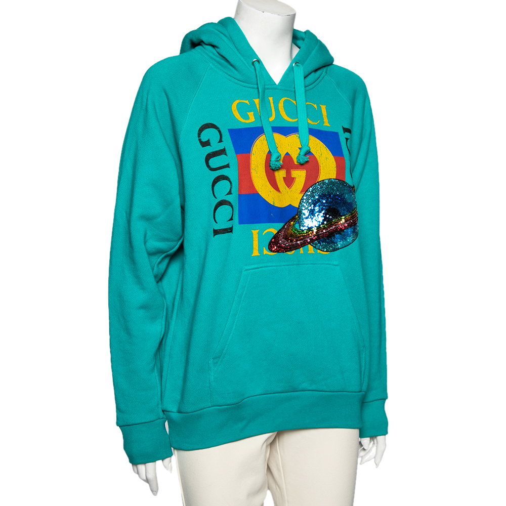 

Gucci Green Cotton Sequin Embellished Logo Printed Hoodie