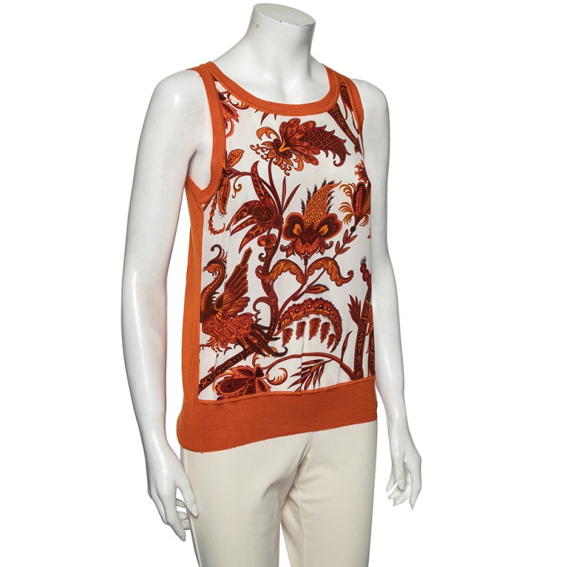 

Gucci Orange Printed Silk & Knit Paneled Tank Top