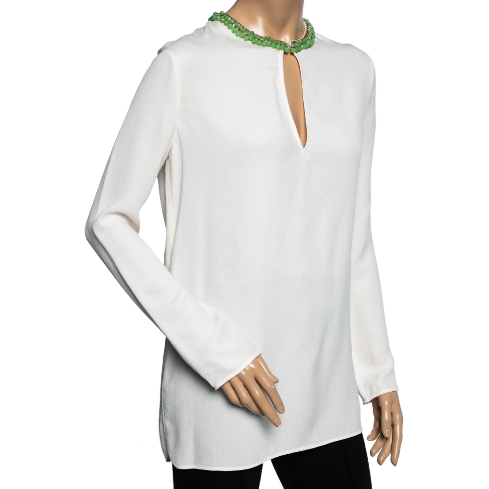 

Gucci Off White Crinkled Silk Bead Embellished Long Sleeve Blouse