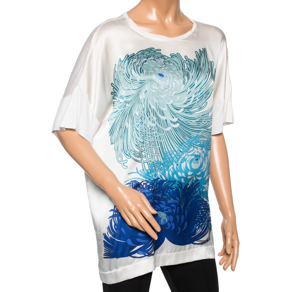 

Gucci White and Blue Floral Printed Silk Short Sleeve Top
