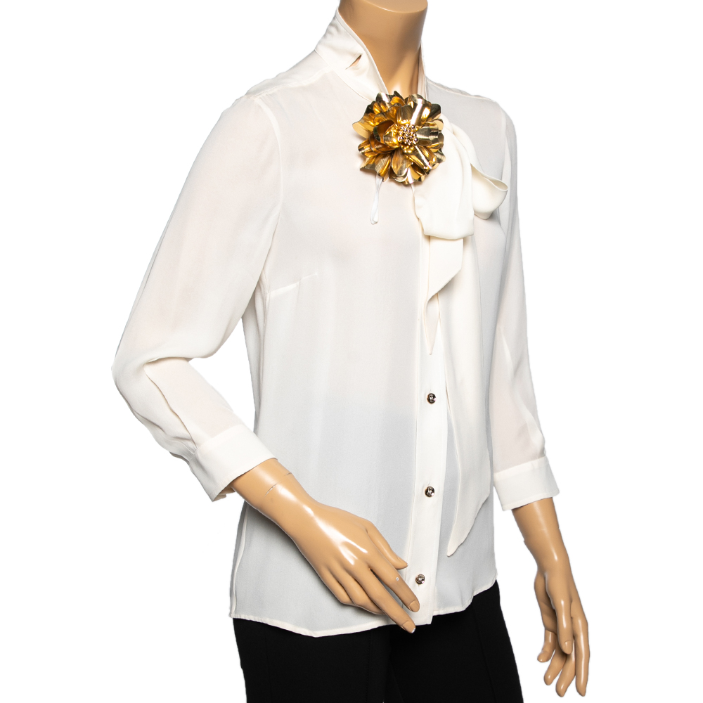 

Gucci Cream Silk Floral Applique Bow Tie Shirt