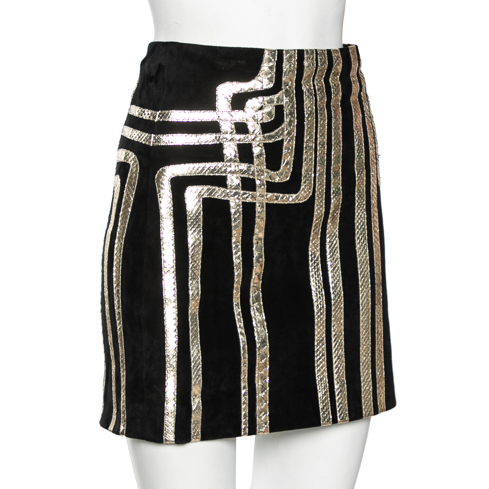 

Gucci Black & Gold Python Leather Trimmed Suede Mini Skirt