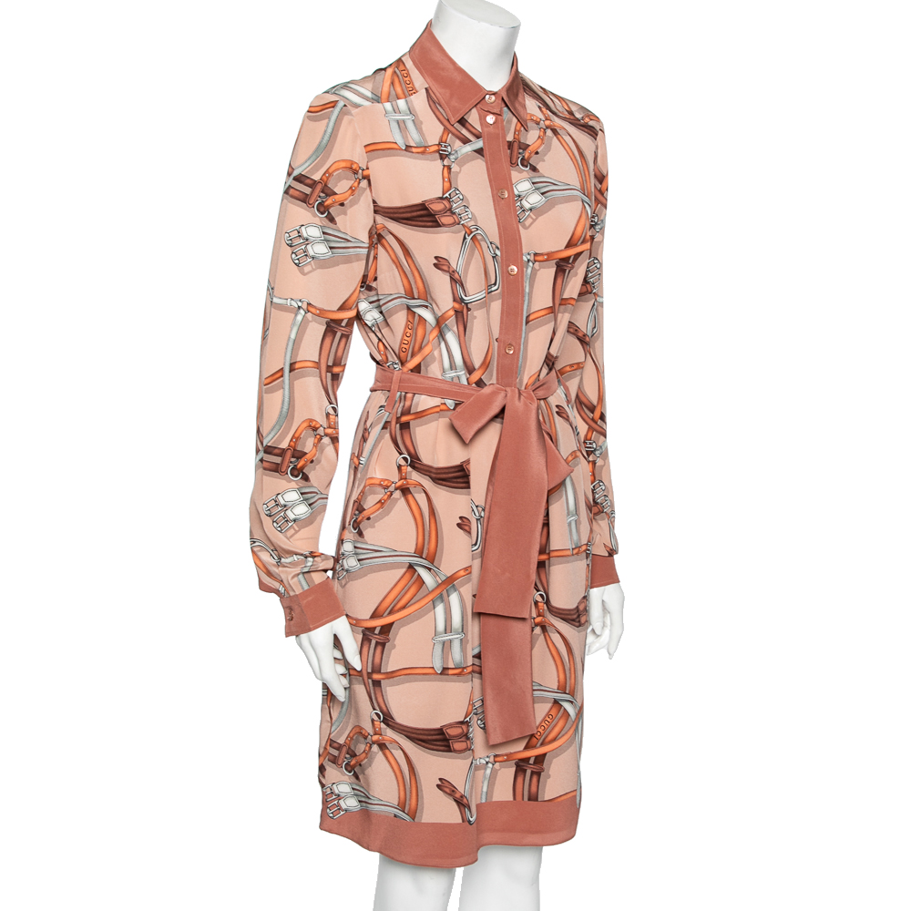 

Gucci Dusty Pink Belt Printed Silk Belted Midi Dress