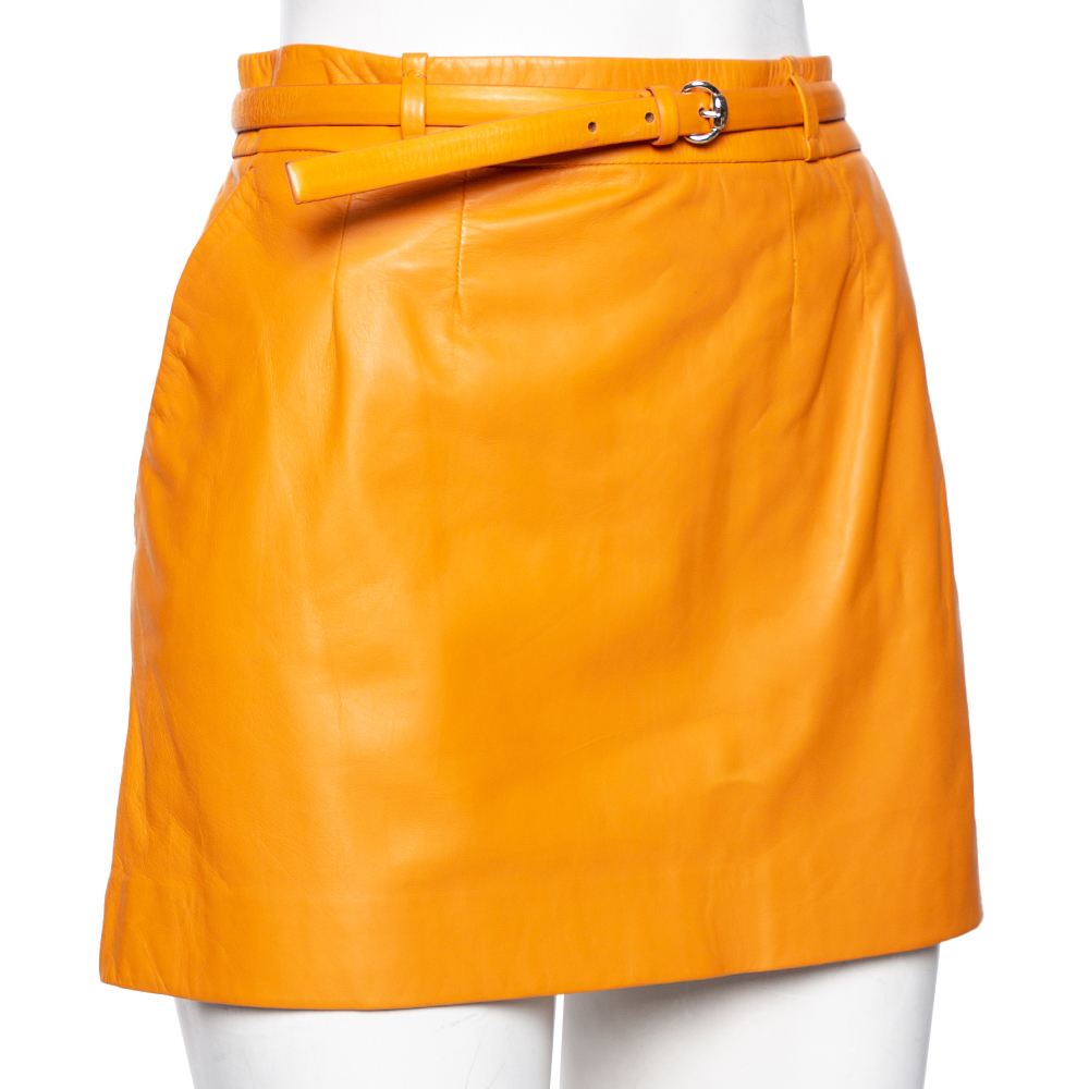 

Gucci Orange Leather Belted Mini Skirt