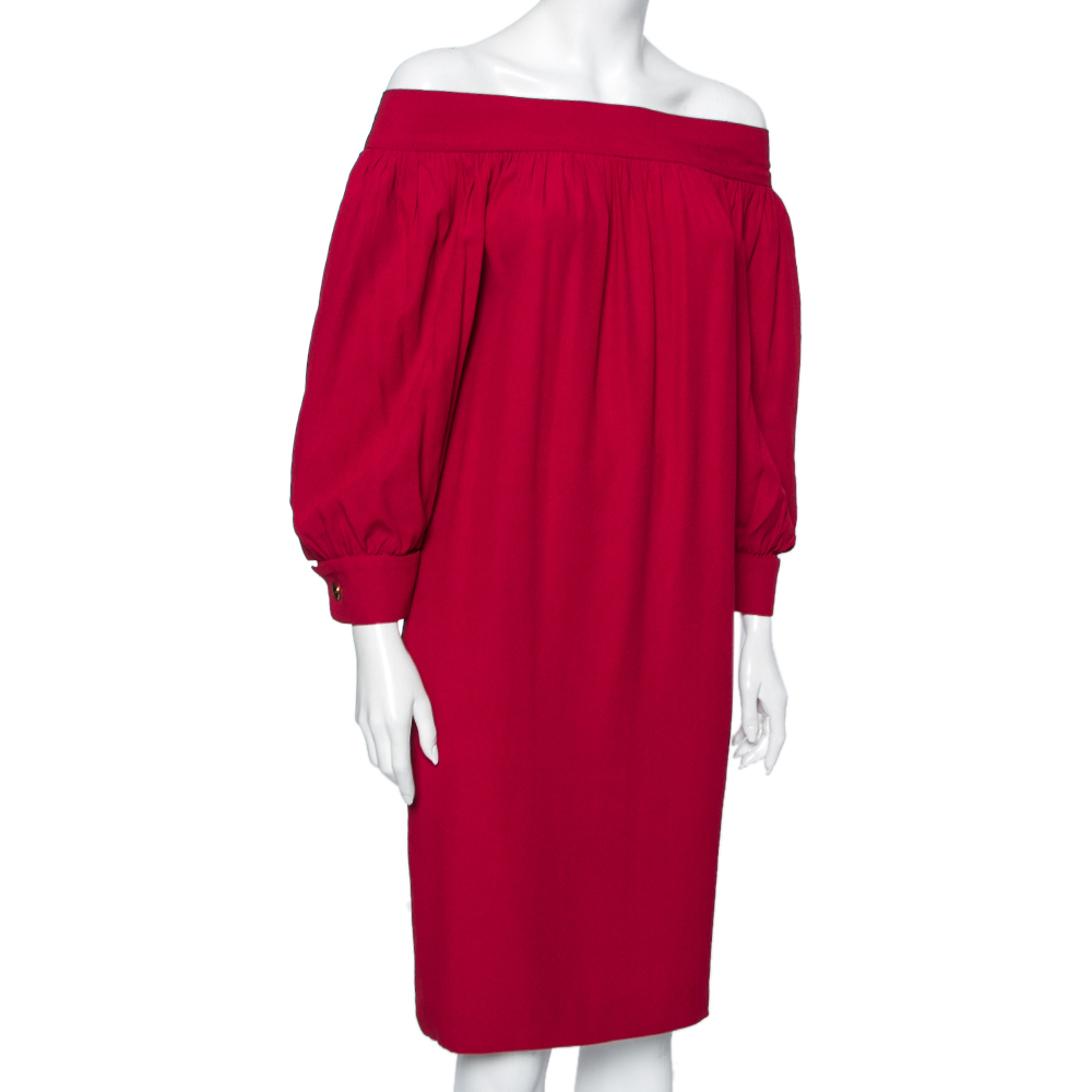 

Gucci Red Crepe Off-Shoulder Gathered Dress