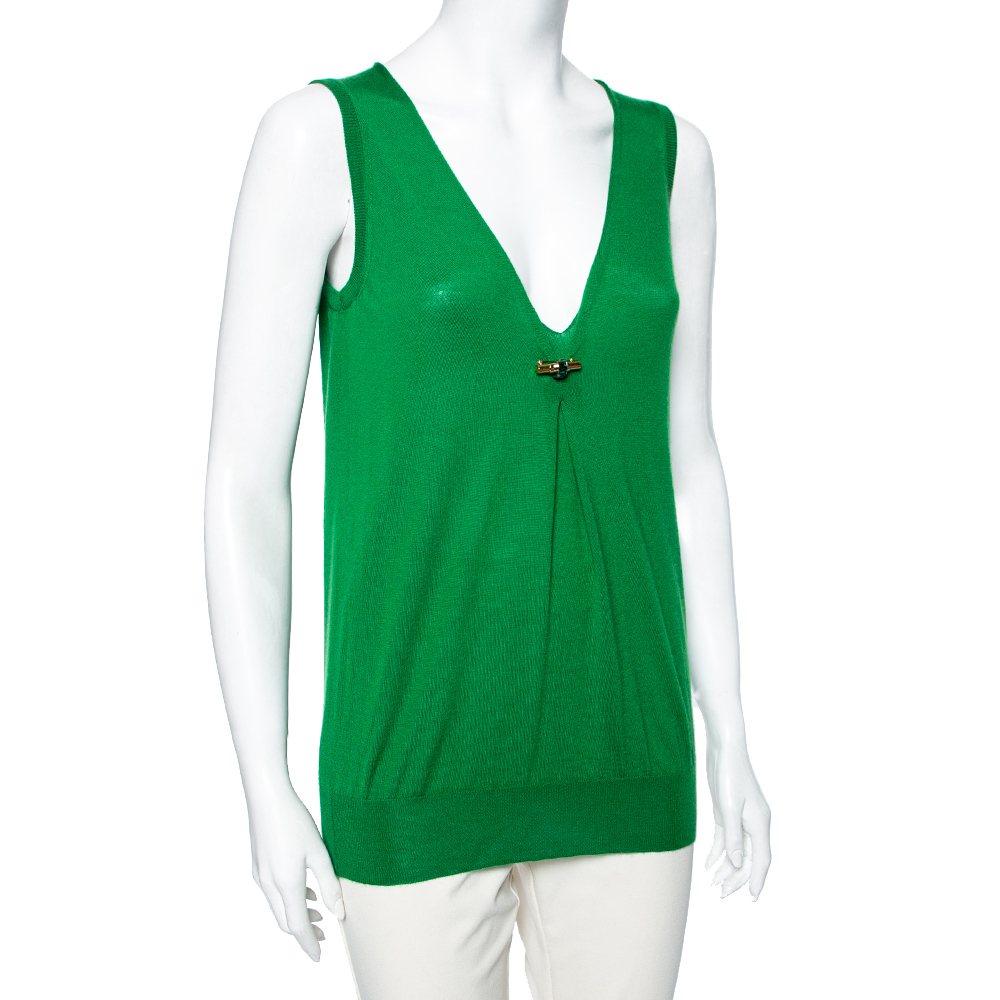 

Gucci Green Cashmere Jewel Embellished Plunging Neck Sleeveless Sweater