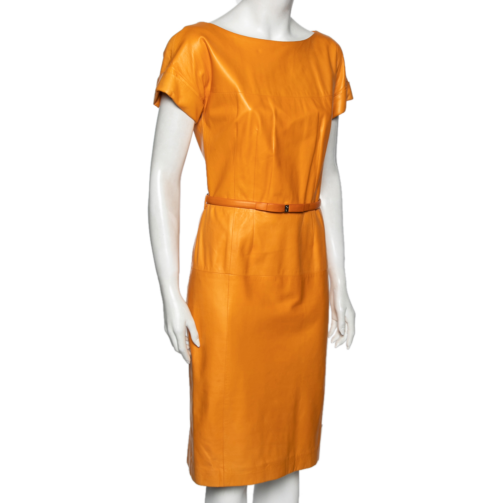 

Gucci Orange Leather Short Sleeve Belted Dress