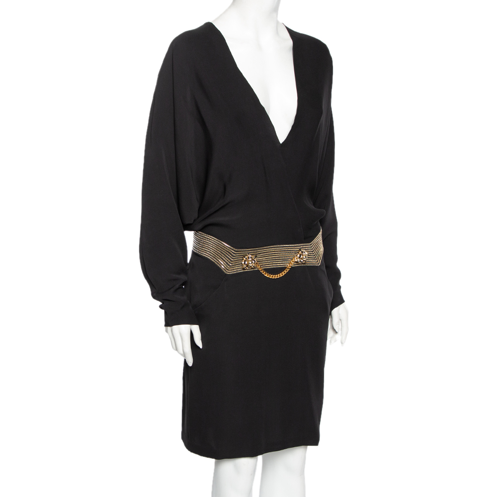 

Gucci Black Silk Chain and Jewel Embellished Waist V Neck Dress