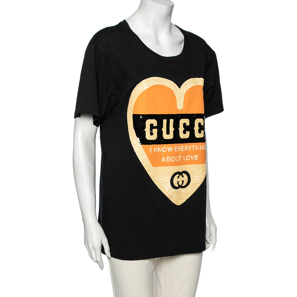 

Gucci Black Cotton Sequin Embellished Logo Short Sleeve T-Shirt