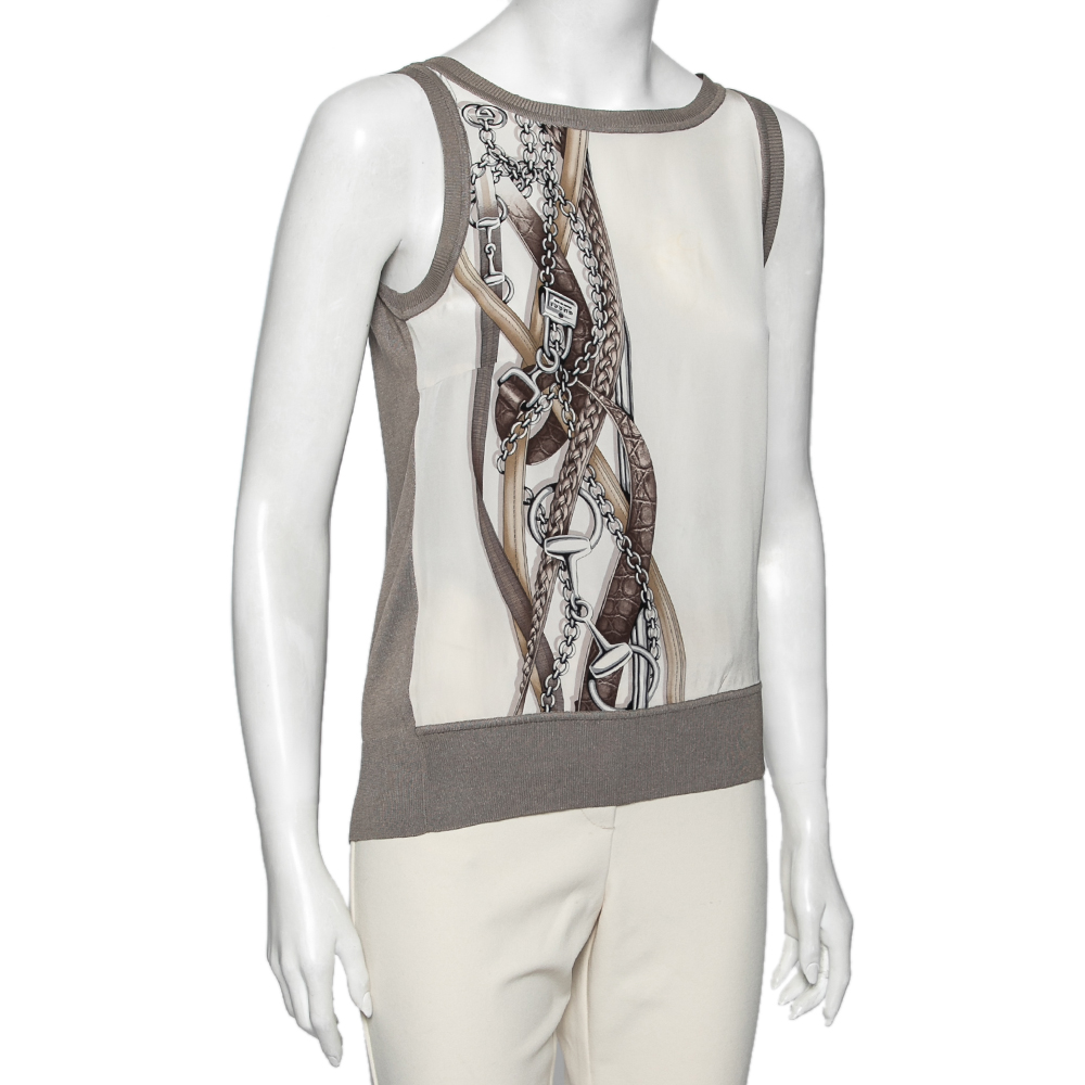 

Gucci Grey and White Chain Printed Silk Sleeveless Top