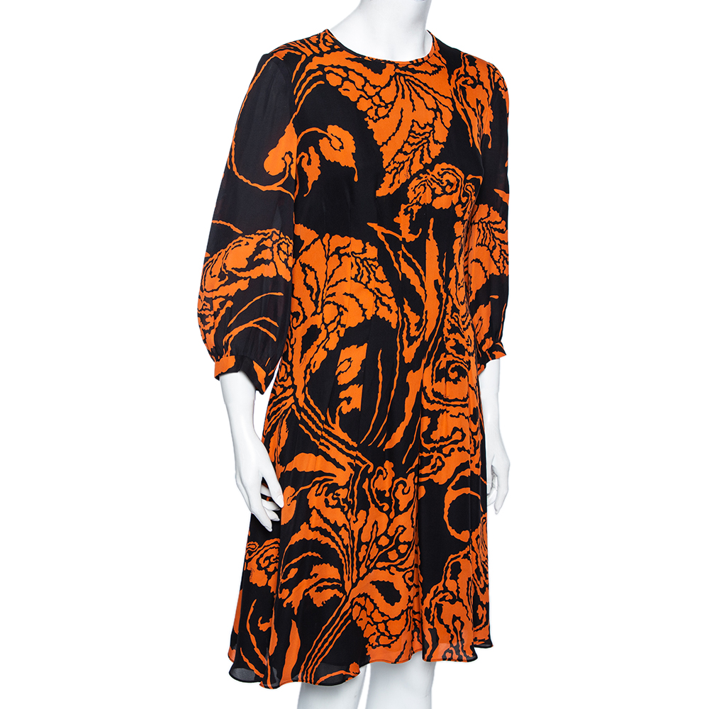 

Gucci Black and Orange Printed Pleated Front Flared Dress