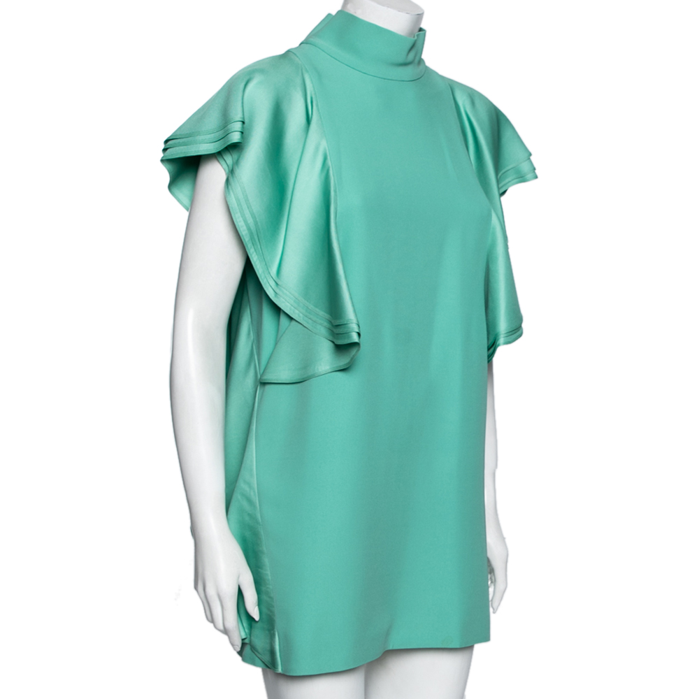 

Gucci Green Silk Ruffled Sleeve Cut-Out Back Detail Short Dress