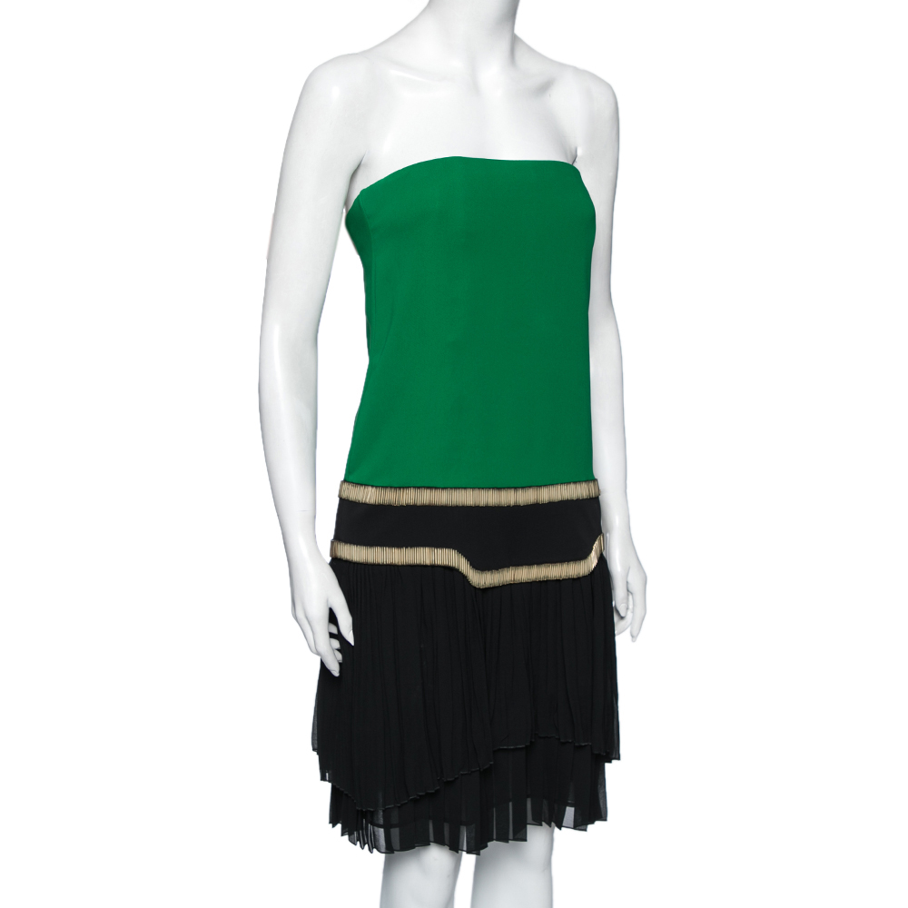 

Gucci Green and Black Plisse Silk Detail Embellished Strapless Dress