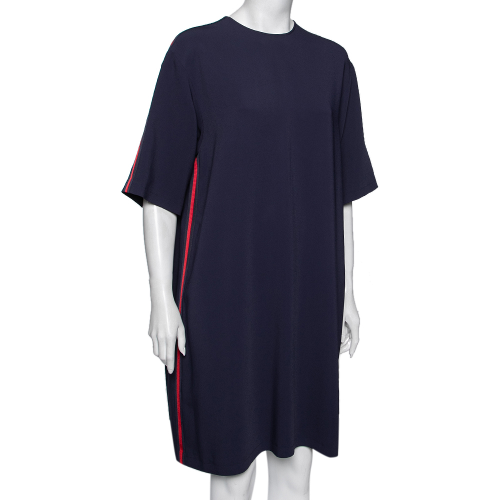 

Gucci Navy Blue Crepe Web Stripe Trimmed Tunic Dress