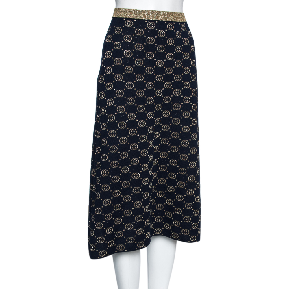 

Gucci Navy Blue & Gold GG Lurex Jacquard Midi Skirt