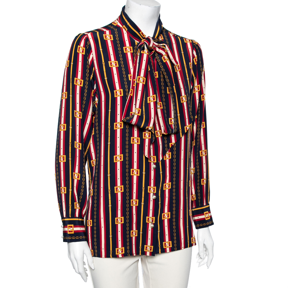 

Gucci Multicolor GG Stripe Silk Bow Front Collar Silk Shirt