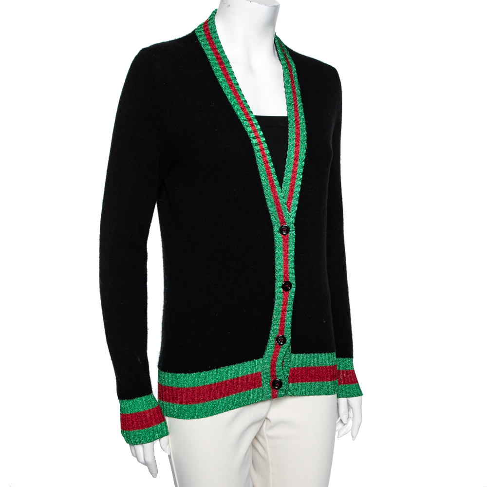 

Gucci Black Wool Front Button Web Trim Lurex Long Sleeve Sweater