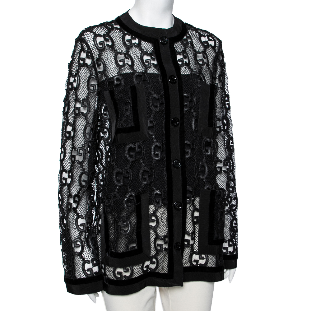 

Gucci Black Mesh Laser Cut GG Long Sleeve Button Front Jacket