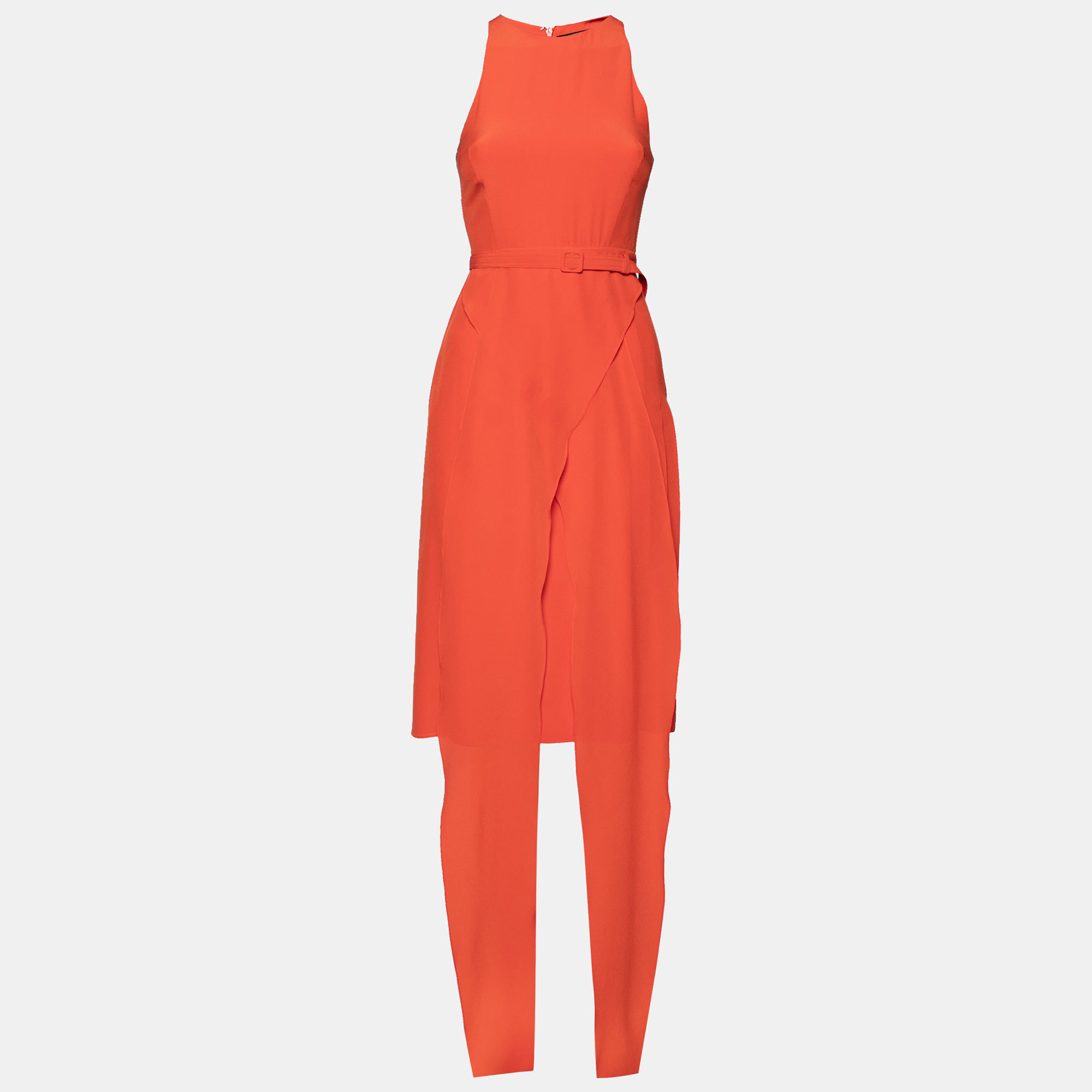 Pre-owned Gucci Orange Silk Pleated Front Belted Dress Xs