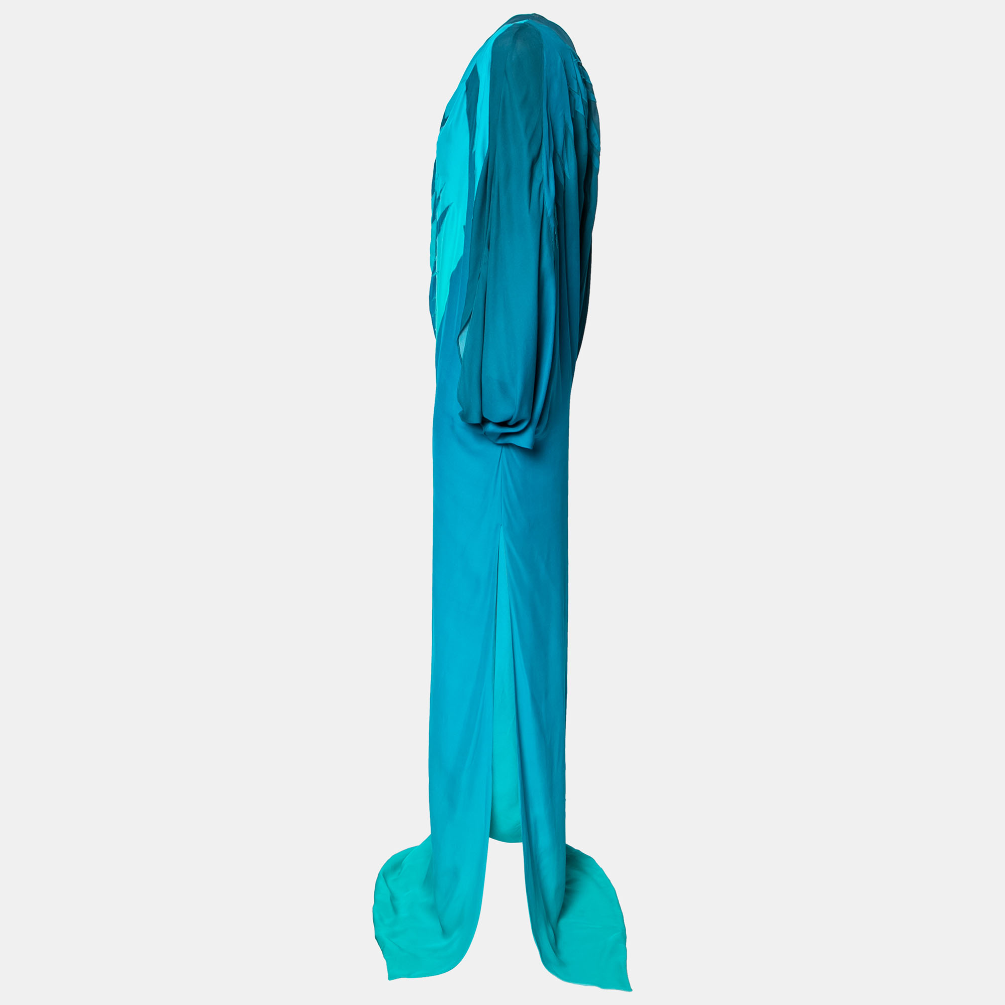

Gucci Blue Ombre Leaf Embroidered Silk One-Shoulder Draped Maxi Dress