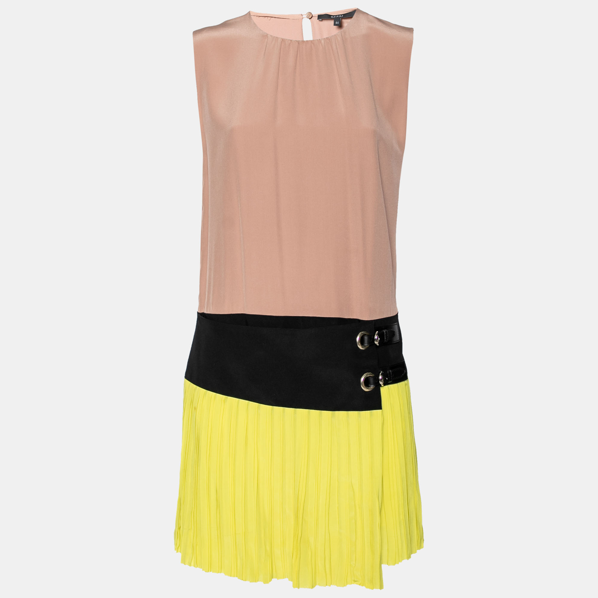 Pre-owned Gucci Nude & Neon Yellow Silk Crepe Pleated Buckled Dress M In Beige