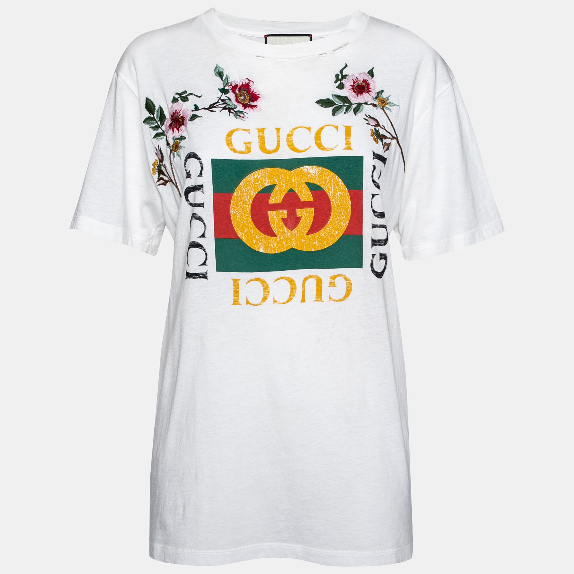 

Gucci White Logo Printed & Embroidered Cotton Distressed T-Shirt