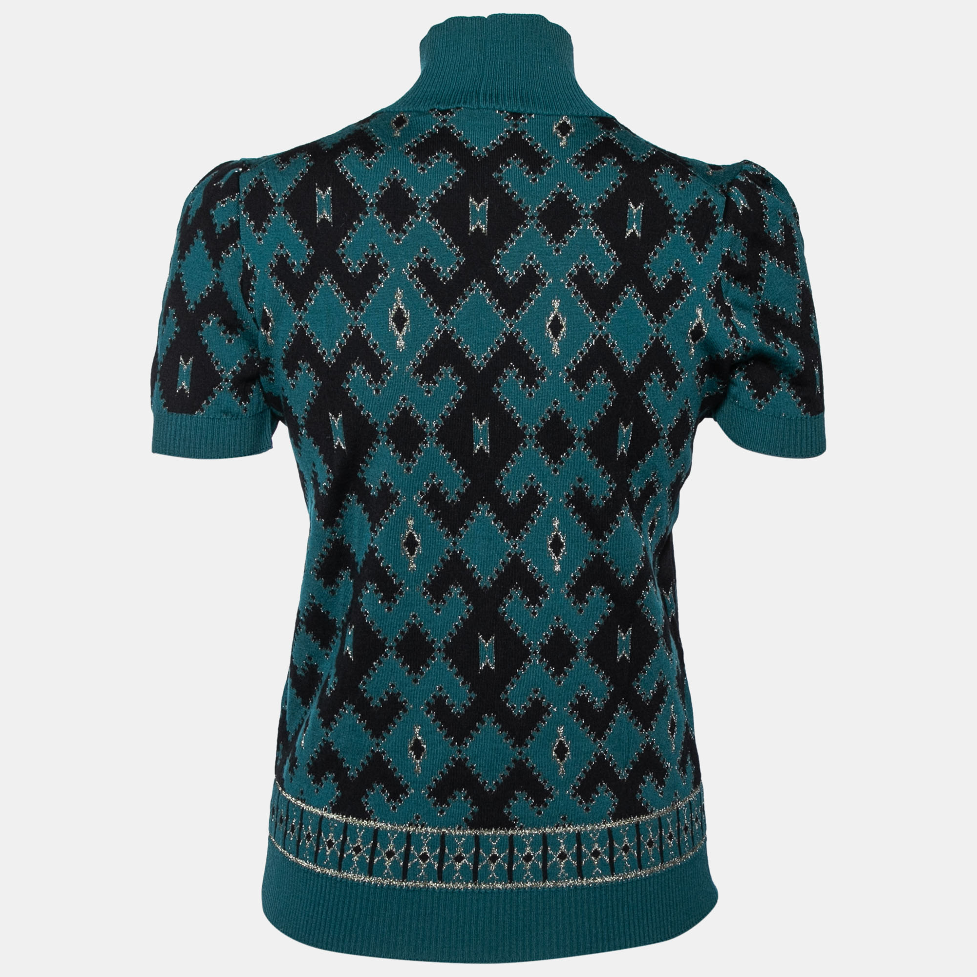 

Gucci Teal Blue and Black Textured Knit Turtleneck Top