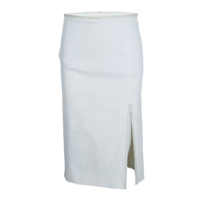 Pre Owned Gucci White Leather Piping Detail Pencil Skirt S