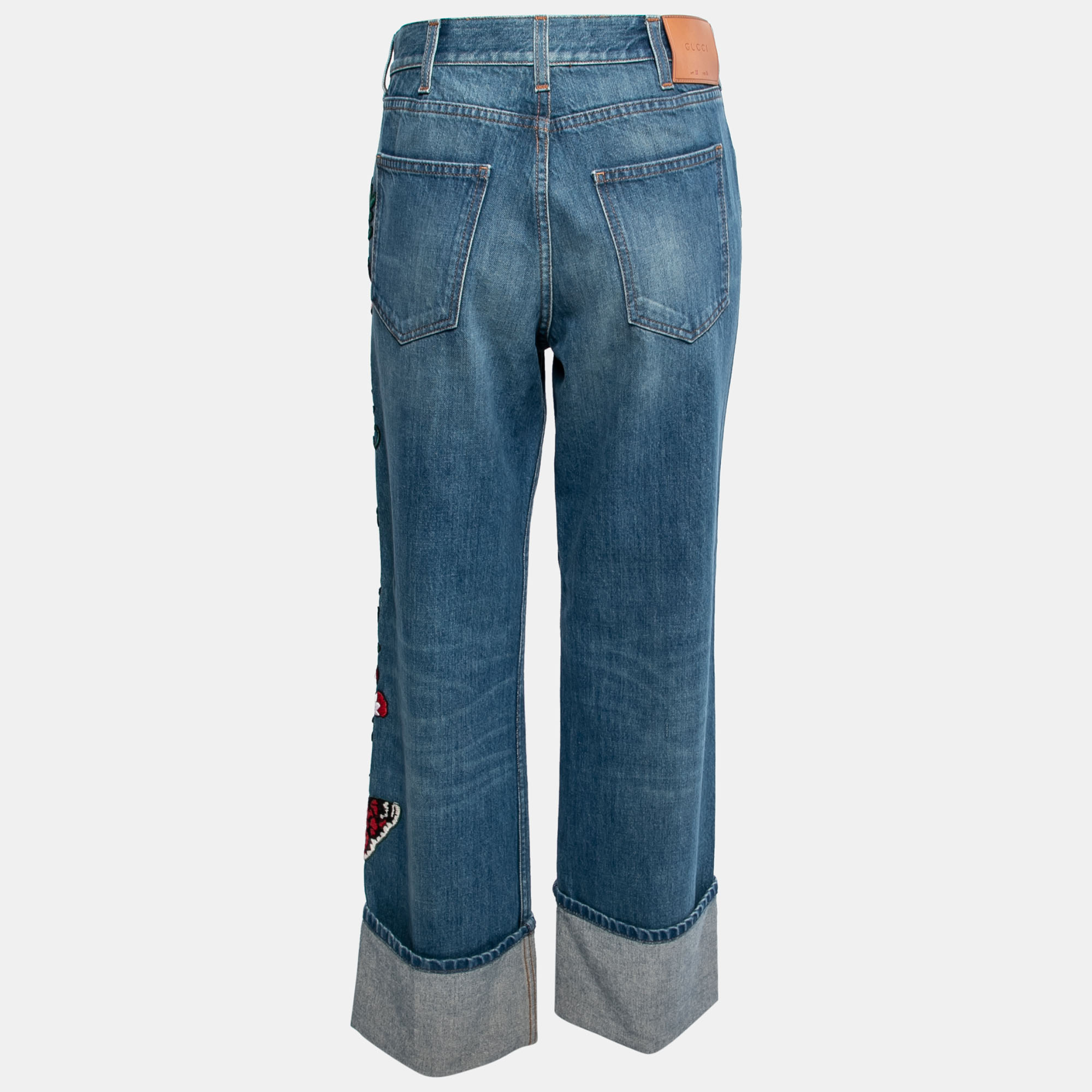 

Gucci Blue Denim Floral Embroidered Straight Leg Jeans